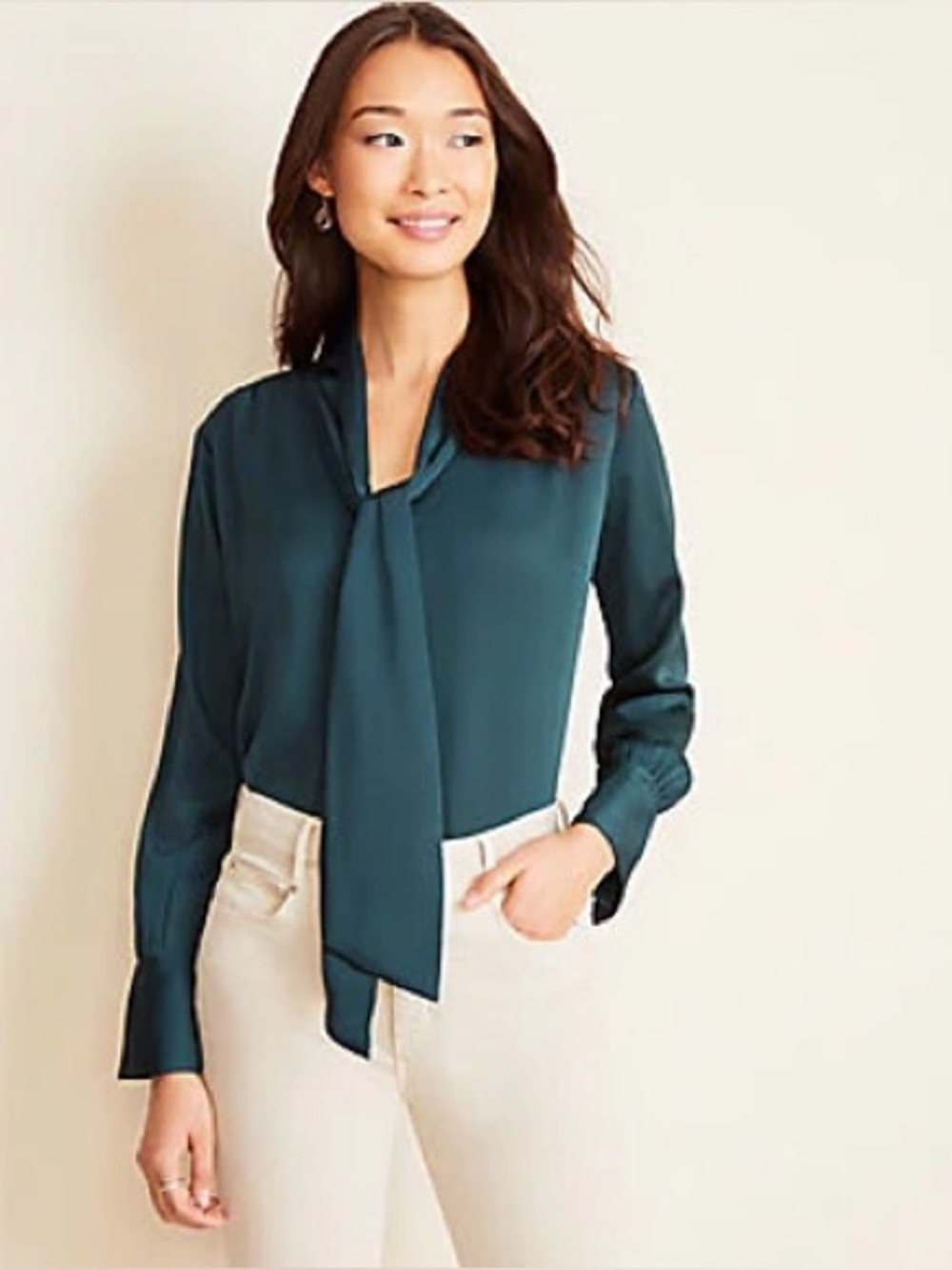 Ann Taylor Teal Tie-Neck Long Sleeve Blouse